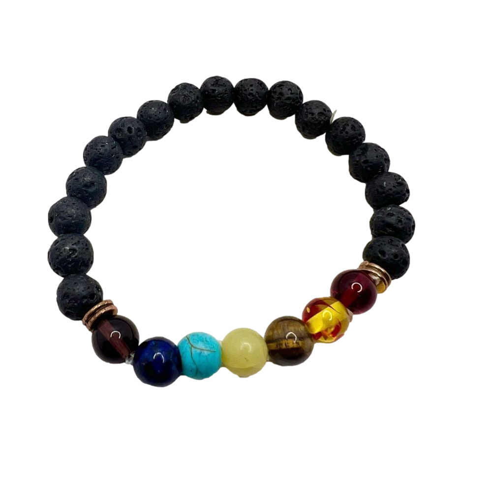 7 Chakra Healing Beaded Stretch Bracelet - multicolor beads and lava stone